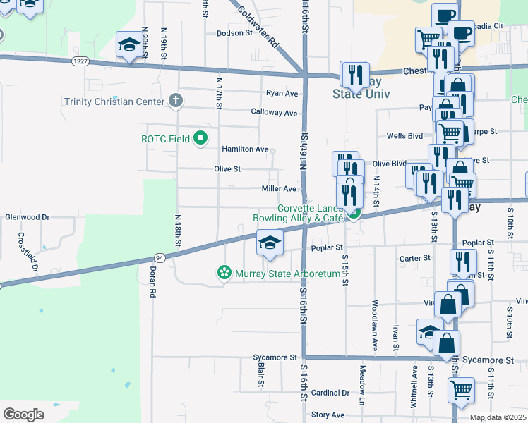 map of restaurants, bars, coffee shops, grocery stores, and more near 1615 Farmer Avenue in Murray