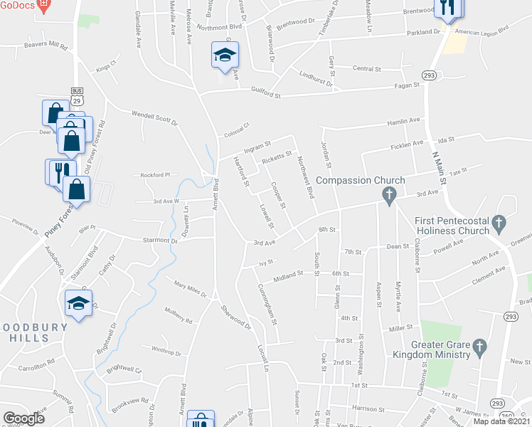 map of restaurants, bars, coffee shops, grocery stores, and more near 128 Lowell Street in Danville