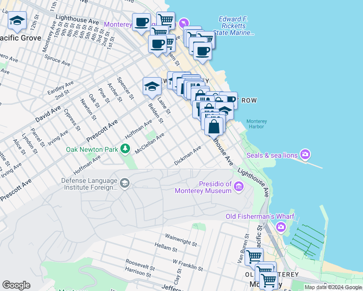 map of restaurants, bars, coffee shops, grocery stores, and more near 999 Belden Street in Monterey