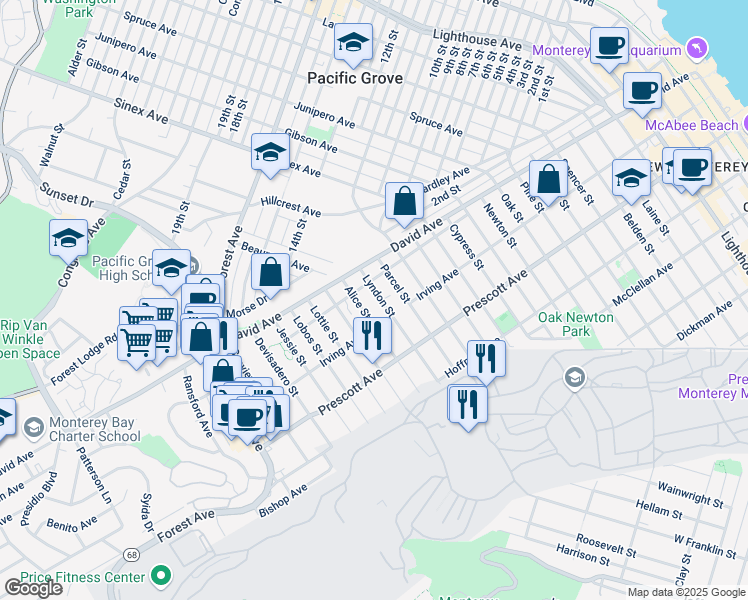 map of restaurants, bars, coffee shops, grocery stores, and more near 852 Lyndon Street in Monterey
