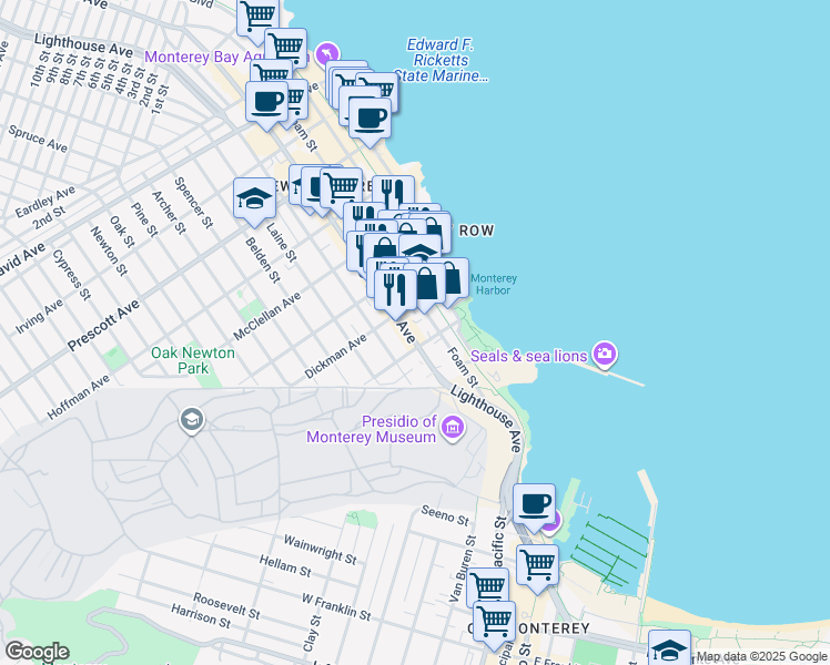 map of restaurants, bars, coffee shops, grocery stores, and more near 230 Lighthouse Avenue in Monterey
