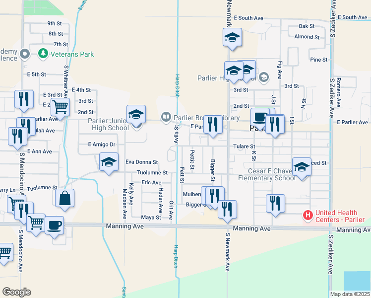 map of restaurants, bars, coffee shops, grocery stores, and more near 495 Pettit Street in Parlier