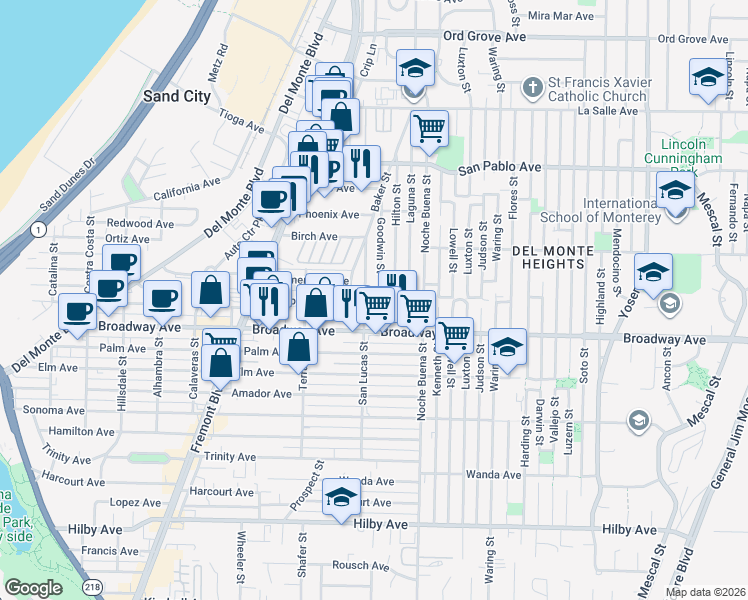 map of restaurants, bars, coffee shops, grocery stores, and more near 1213 Olympia Avenue in Seaside