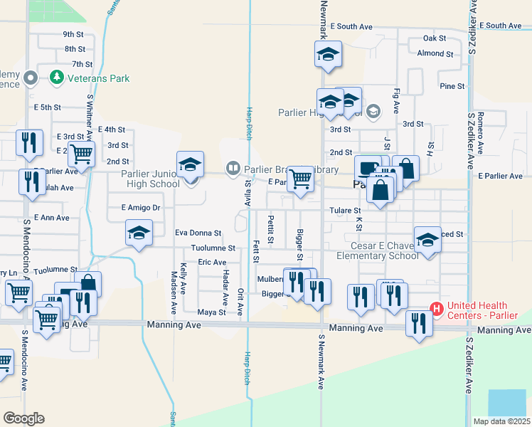 map of restaurants, bars, coffee shops, grocery stores, and more near 495 Pettit Street in Parlier