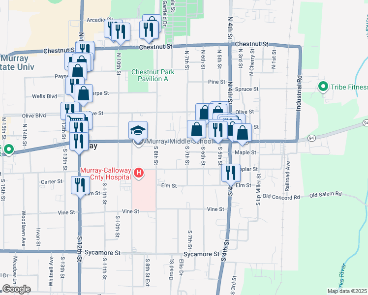 map of restaurants, bars, coffee shops, grocery stores, and more near 701 Main Street in Murray