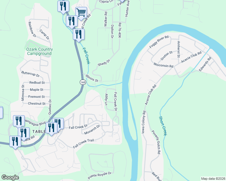 map of restaurants, bars, coffee shops, grocery stores, and more near 700 Fall Creek Drive in Branson