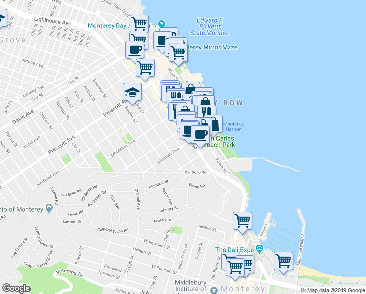 map of restaurants, bars, coffee shops, grocery stores, and more near in Monterey