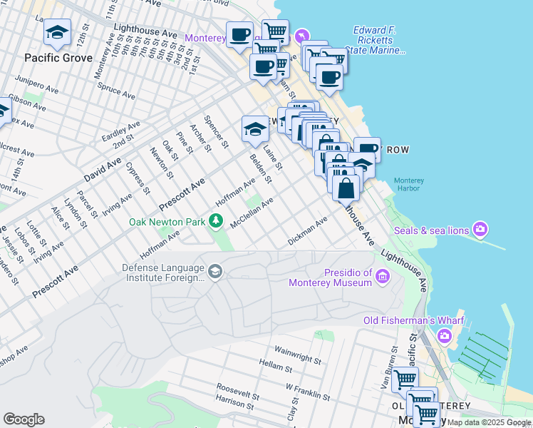 map of restaurants, bars, coffee shops, grocery stores, and more near 470 Spencer Street in Monterey