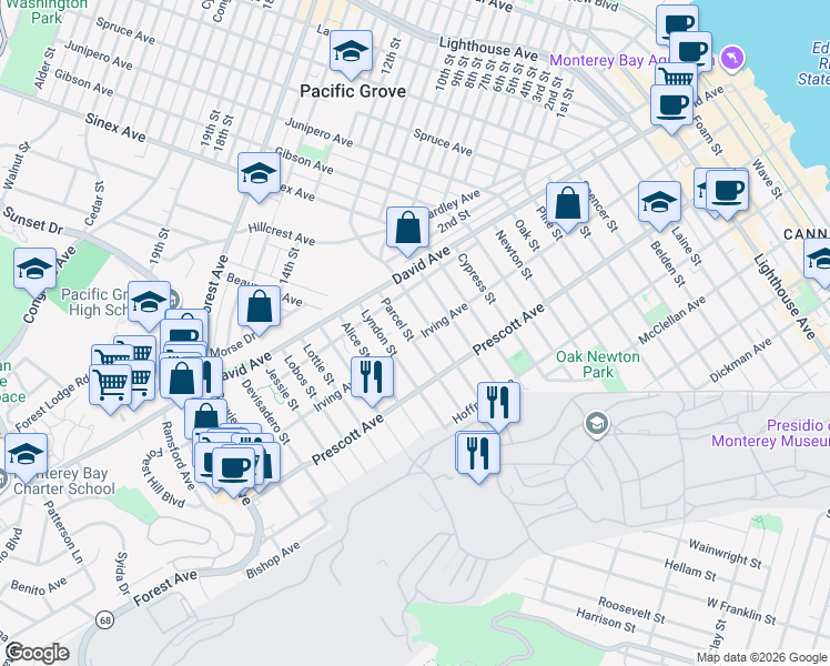 map of restaurants, bars, coffee shops, grocery stores, and more near 800 Parcel Street in Monterey