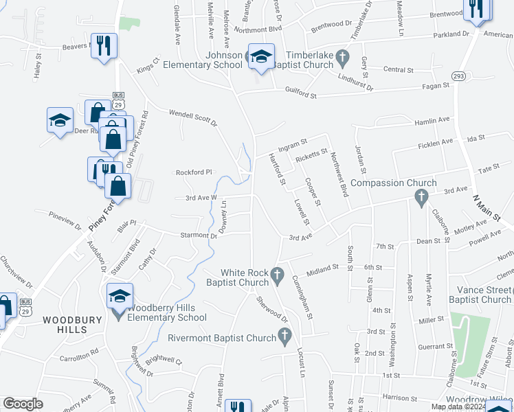 map of restaurants, bars, coffee shops, grocery stores, and more near 153 Wendell Scott Drive in Danville