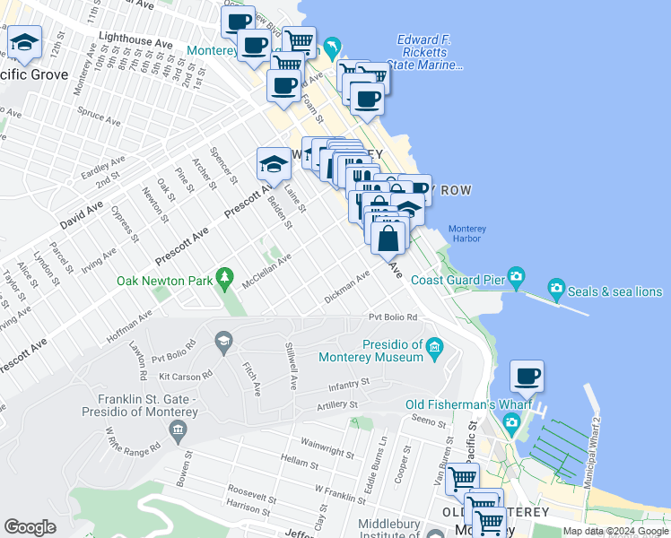 map of restaurants, bars, coffee shops, grocery stores, and more near 399 Laine Street in Monterey