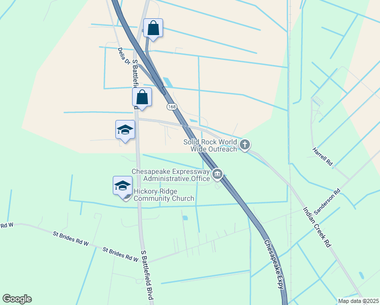 map of restaurants, bars, coffee shops, grocery stores, and more near 141 Indian Creek Road in Chesapeake