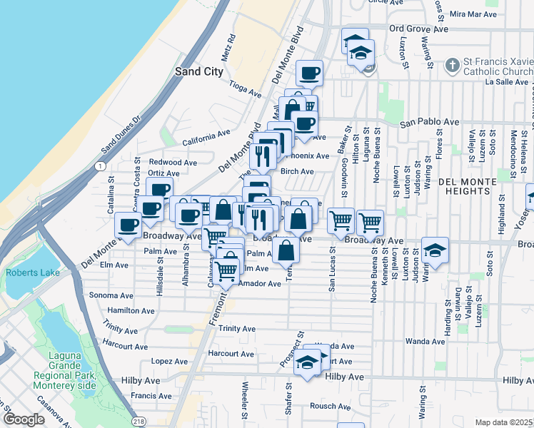 map of restaurants, bars, coffee shops, grocery stores, and more near 1076 Clementina Avenue in Seaside