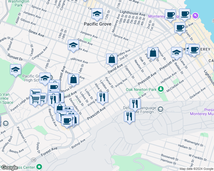 map of restaurants, bars, coffee shops, grocery stores, and more near 852 Lyndon Street in Monterey