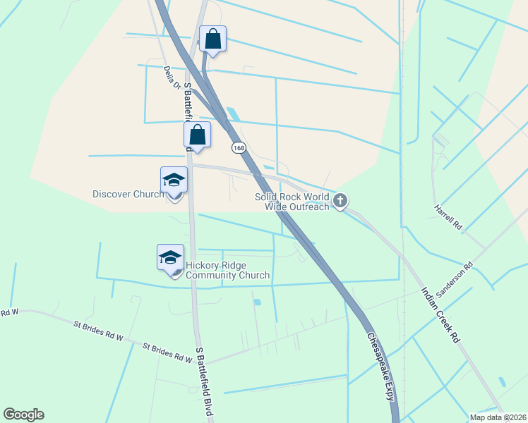 map of restaurants, bars, coffee shops, grocery stores, and more near 141 Indian Creek Road in Chesapeake