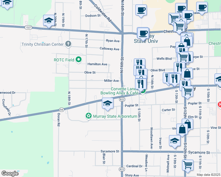 map of restaurants, bars, coffee shops, grocery stores, and more near 1608 Farmer Avenue in Murray
