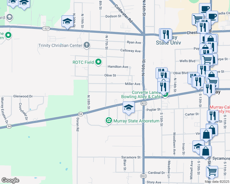 map of restaurants, bars, coffee shops, grocery stores, and more near 1638 Farmer Avenue in Murray