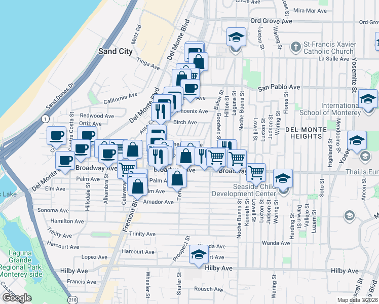 map of restaurants, bars, coffee shops, grocery stores, and more near 1125 Olympia Avenue in Seaside