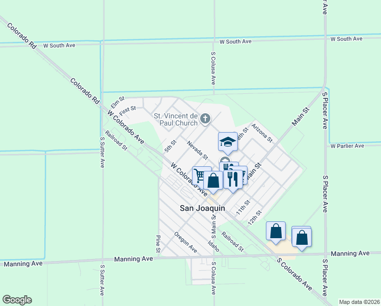 map of restaurants, bars, coffee shops, grocery stores, and more near 8434 South 6th Street in San Joaquin