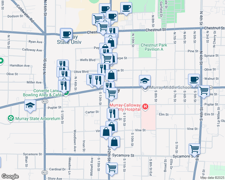 map of restaurants, bars, coffee shops, grocery stores, and more near in Murray