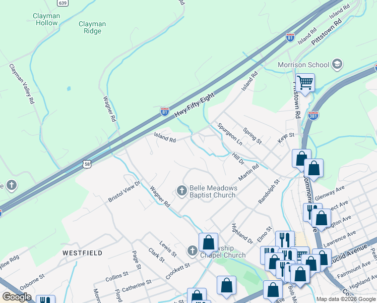 map of restaurants, bars, coffee shops, grocery stores, and more near 1-99 Mellow Ln in Bristol