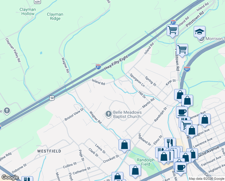 map of restaurants, bars, coffee shops, grocery stores, and more near 1-99 Mellow Ln in Bristol