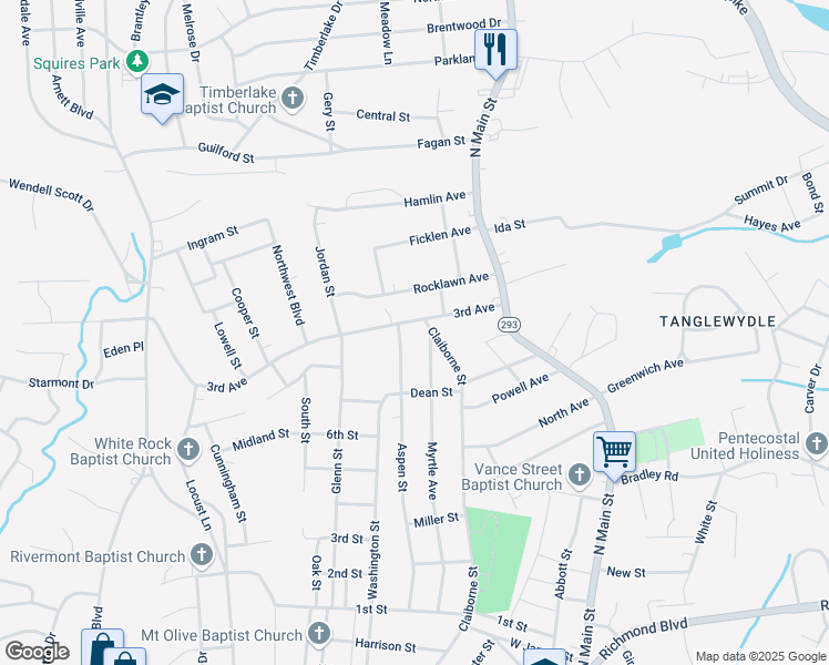 map of restaurants, bars, coffee shops, grocery stores, and more near 215 3rd Avenue in Danville