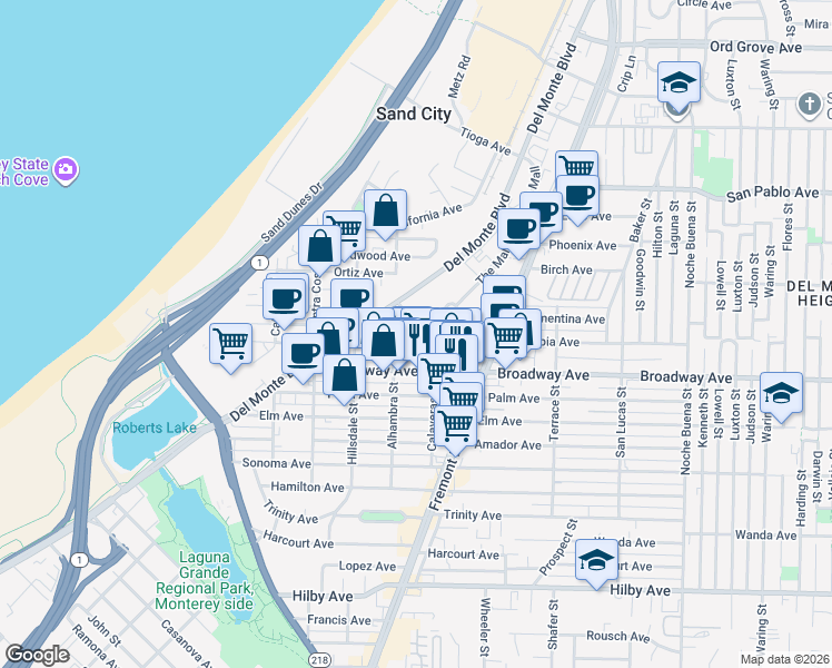 map of restaurants, bars, coffee shops, grocery stores, and more near 701-799 Clementina Ave in Seaside