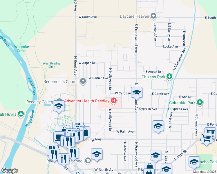 map of restaurants, bars, coffee shops, grocery stores, and more near 1597 North Hollywood Drive in Reedley