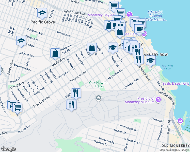 map of restaurants, bars, coffee shops, grocery stores, and more near 601 Oak Street in Monterey