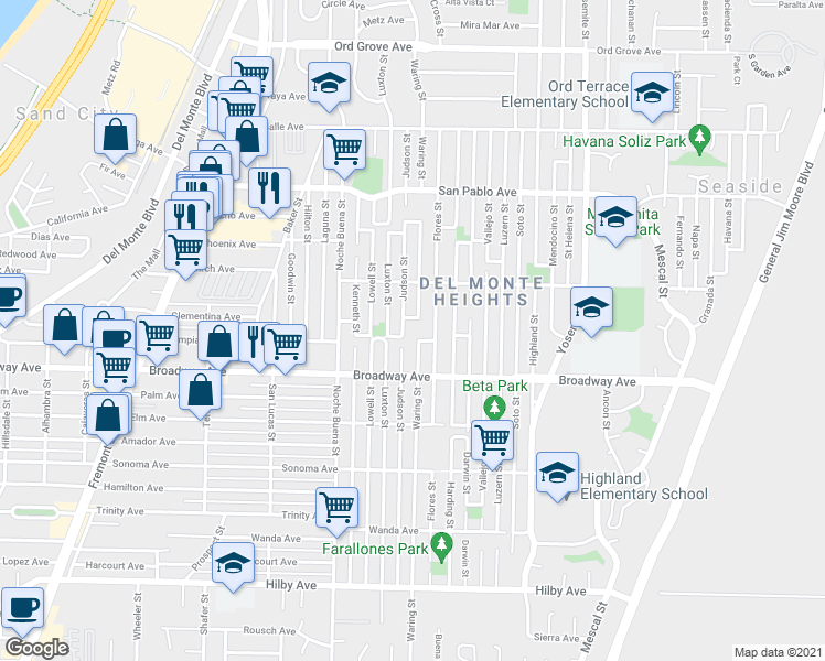 map of restaurants, bars, coffee shops, grocery stores, and more near 1641 Flores Place in Seaside