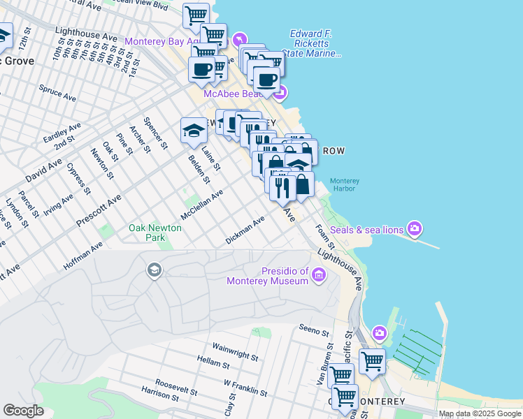 map of restaurants, bars, coffee shops, grocery stores, and more near in Monterey