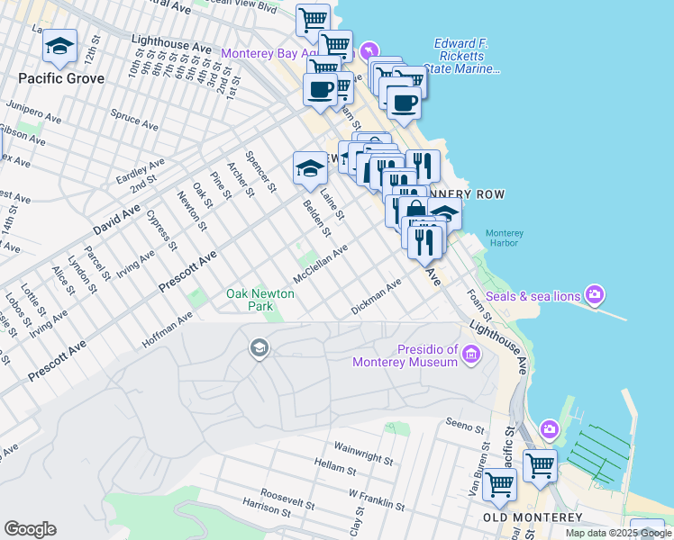 map of restaurants, bars, coffee shops, grocery stores, and more near 456 Spencer Street in Monterey