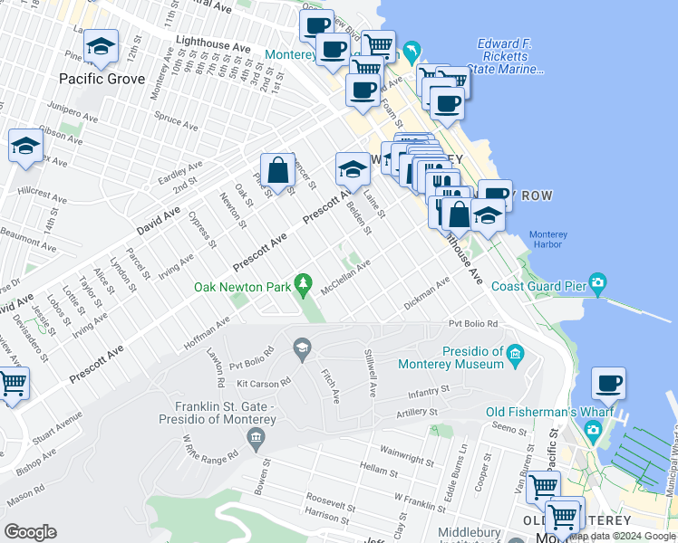 map of restaurants, bars, coffee shops, grocery stores, and more near 542 Archer Street in Monterey