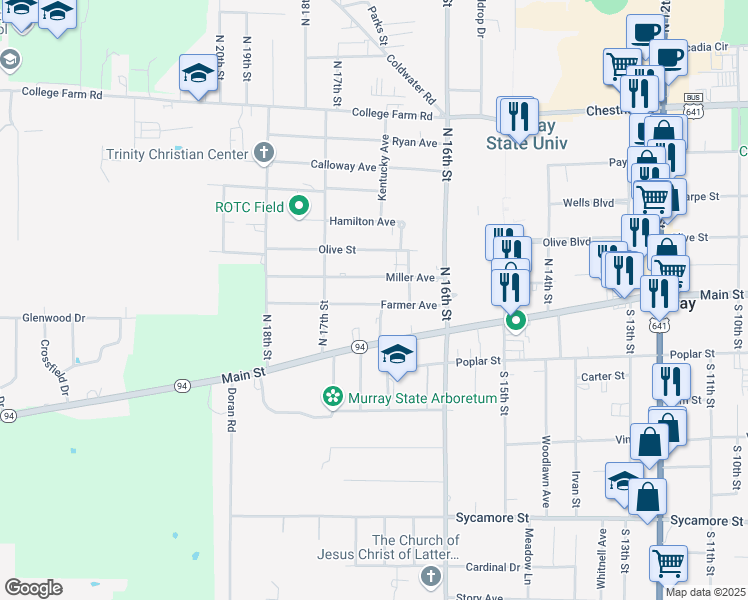 map of restaurants, bars, coffee shops, grocery stores, and more near 1634 Farmer Avenue in Murray