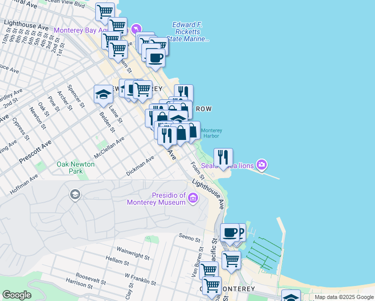 map of restaurants, bars, coffee shops, grocery stores, and more near 200 Foam Street in Monterey