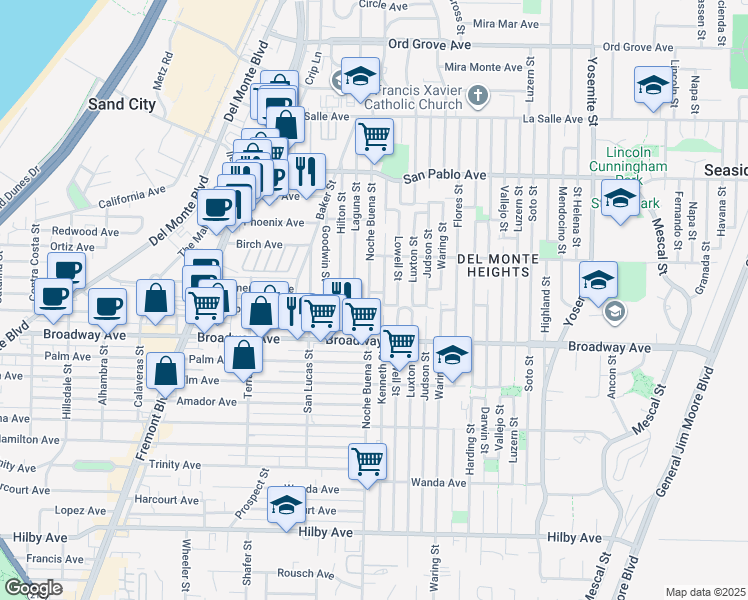 map of restaurants, bars, coffee shops, grocery stores, and more near 1648 Noche Buena Street in Seaside