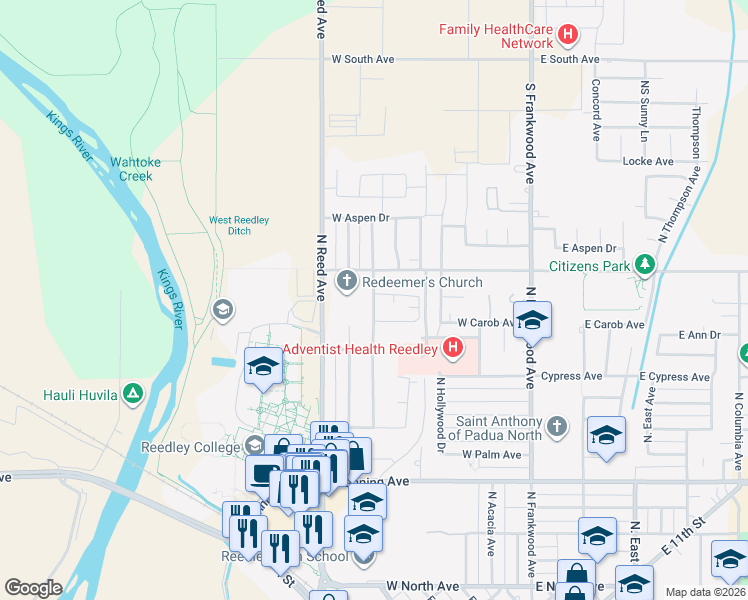 map of restaurants, bars, coffee shops, grocery stores, and more near 1580 North Hope Avenue in Reedley