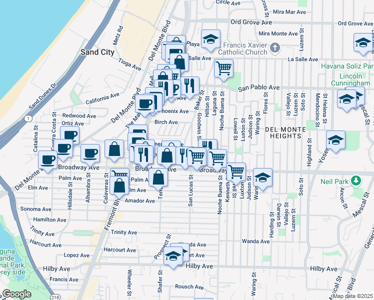 map of restaurants, bars, coffee shops, grocery stores, and more near 1646 Winton Street in Seaside