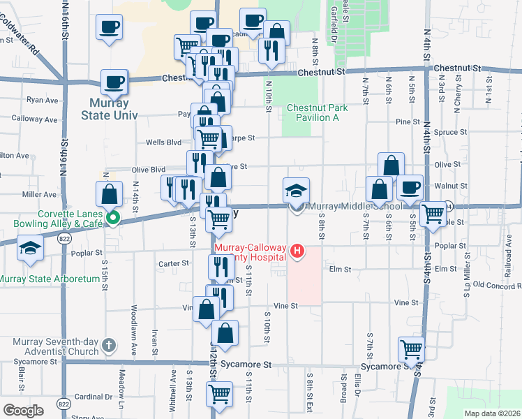 map of restaurants, bars, coffee shops, grocery stores, and more near 1003 Main Street in Murray