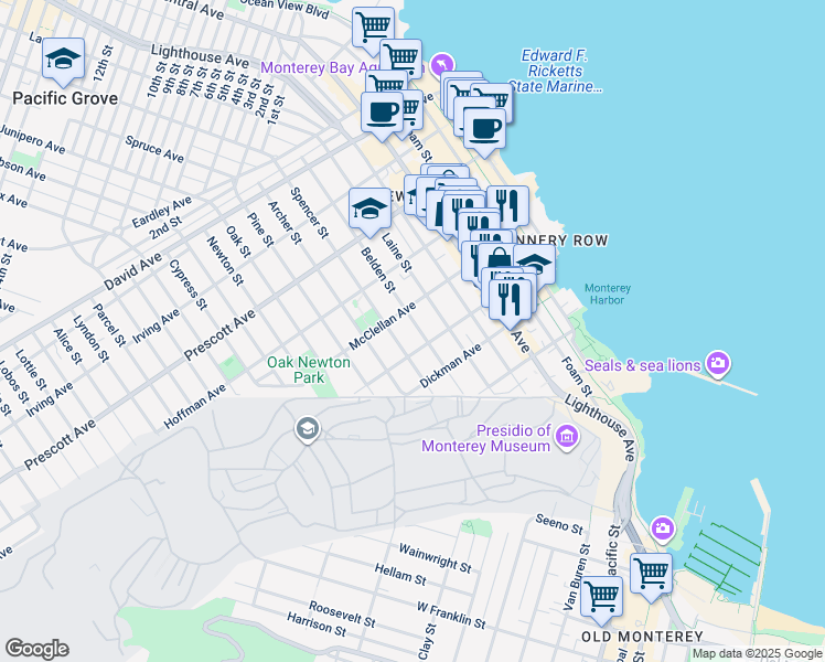 map of restaurants, bars, coffee shops, grocery stores, and more near 433 Belden Street in Monterey