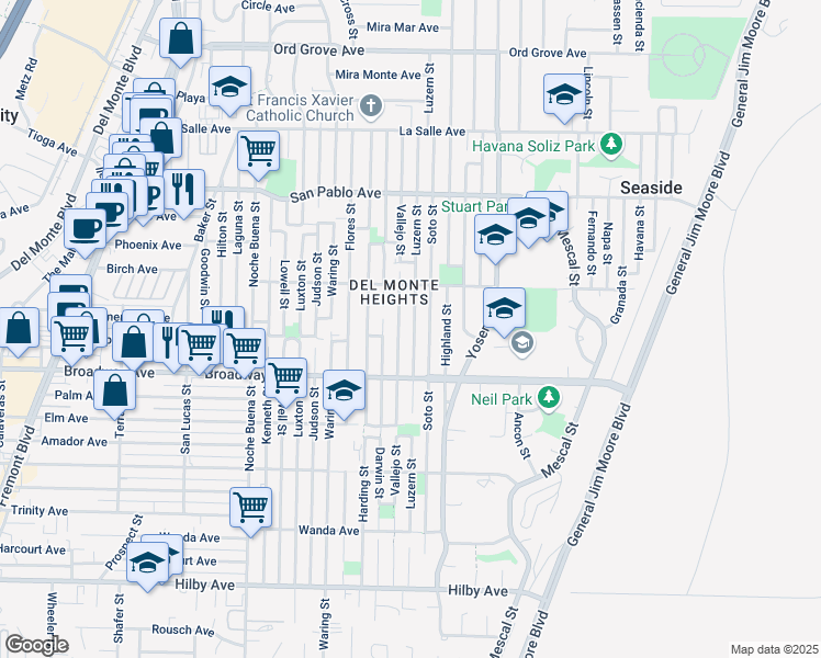 map of restaurants, bars, coffee shops, grocery stores, and more near 1653 Luzern Street in Seaside