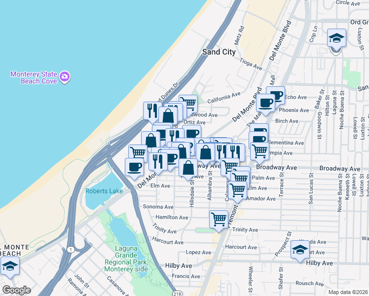map of restaurants, bars, coffee shops, grocery stores, and more near 1637 Del Monte Boulevard in Seaside