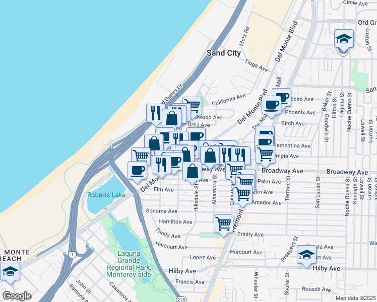 map of restaurants, bars, coffee shops, grocery stores, and more near 1637 Del Monte Boulevard in Seaside
