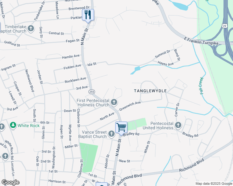 map of restaurants, bars, coffee shops, grocery stores, and more near 222 Raleigh Court in Danville