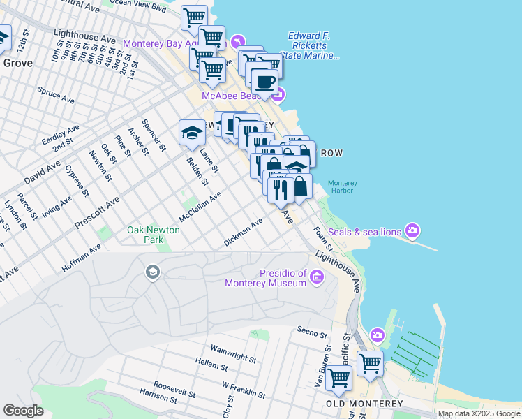 map of restaurants, bars, coffee shops, grocery stores, and more near in Monterey