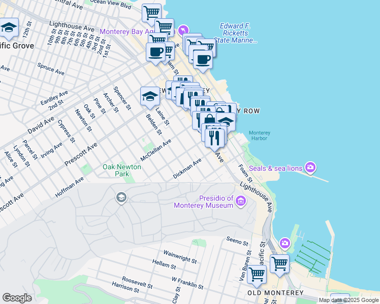 map of restaurants, bars, coffee shops, grocery stores, and more near 401 Laine Street in Monterey