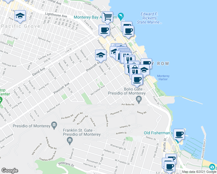 map of restaurants, bars, coffee shops, grocery stores, and more near 470 Spencer Street in Monterey