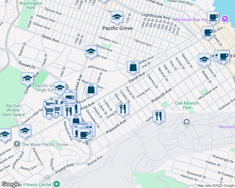 map of restaurants, bars, coffee shops, grocery stores, and more near 885 Alice Street in Monterey