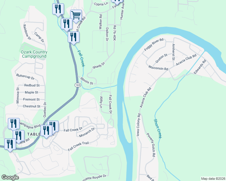 map of restaurants, bars, coffee shops, grocery stores, and more near 700 Fall Creek Drive in Branson